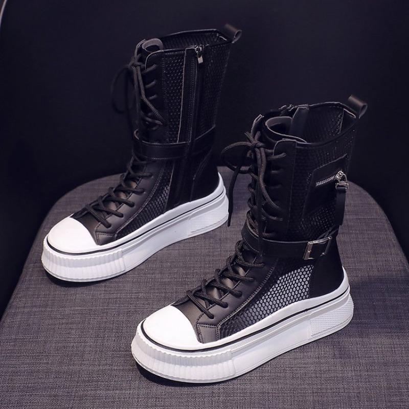 Sommer Damen Cool Boots Mode High Top Freizeit Hollow Boots Seitenreißverschluss Mid-Calf Boots für Damen Lässige Plateau-Stiefel Botas