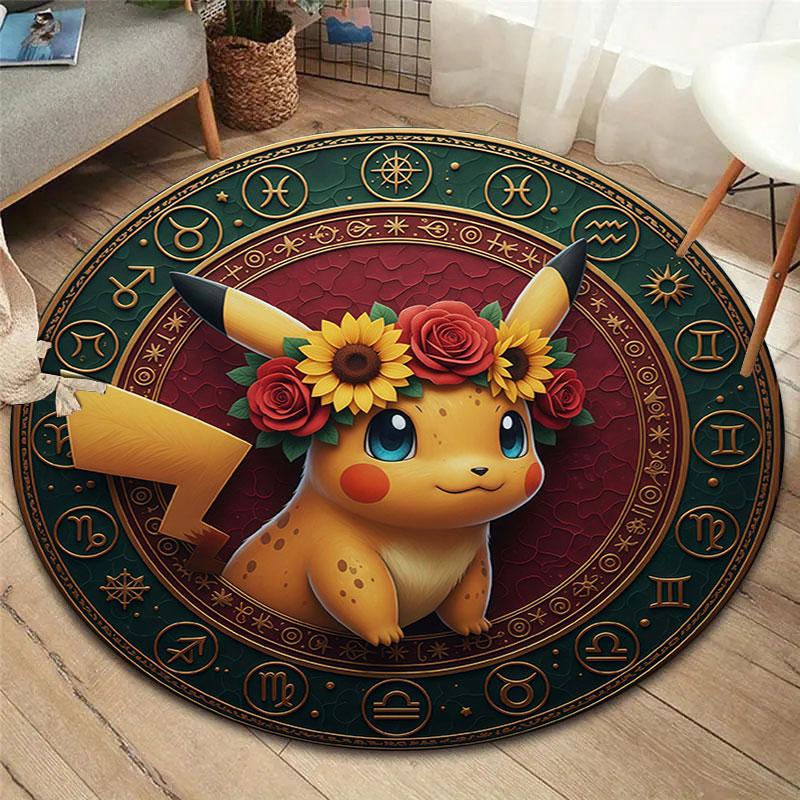 Retro Pokemon Round Area Rug,Carpet Rug for Living Room Bedroom Sofa Playroom Decor,Non slip Floor Mat