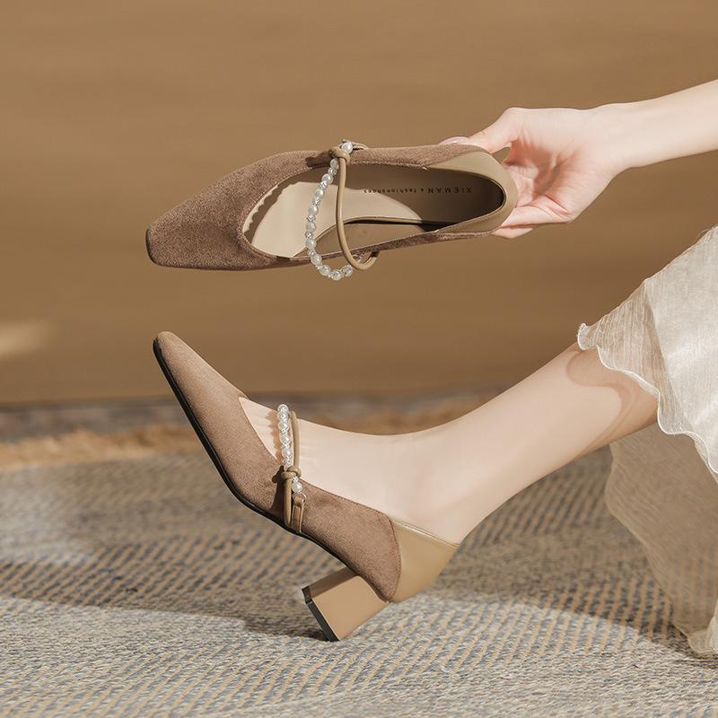 5998 Premium Temperament Thick Heel Small Square Head Shallow Mouth Pearl Chain Comfortable Two Wear Women's Suede Mary Jane Single Shoes Women