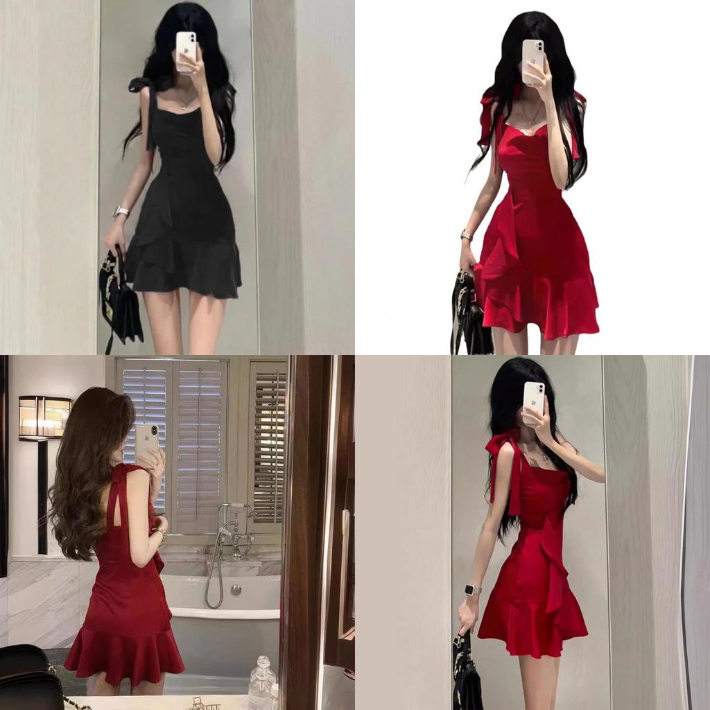 Vestido Rojo Sexy de Tirantes Finos con Parches para Moda de Verano