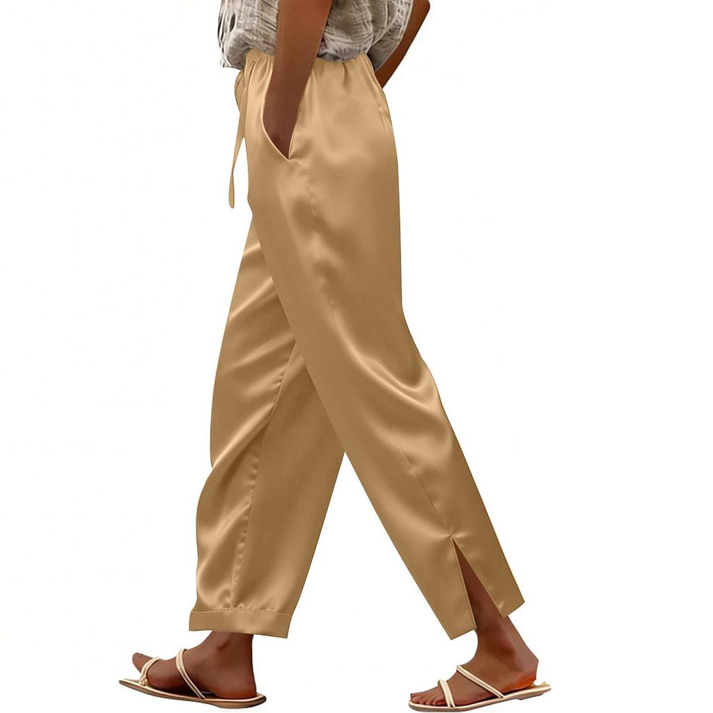 Slacks Casual Womens Satin Loosefit With Elastic Drawstring And Side Slit