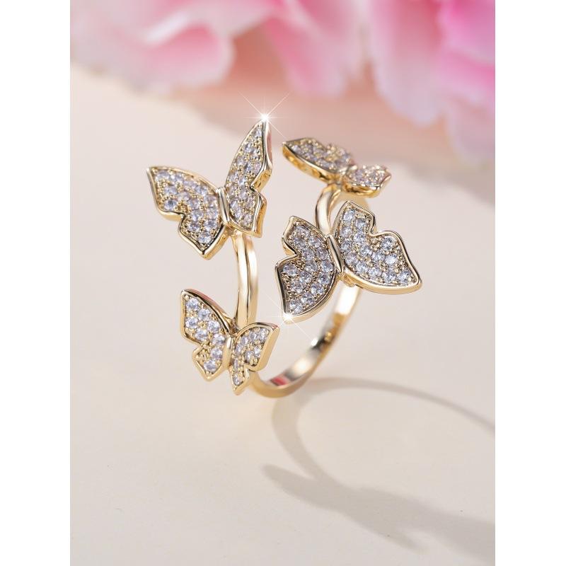 Gold White Diamond Butterfly Opening Ring Flash Diamond Opening Simple Butterfly