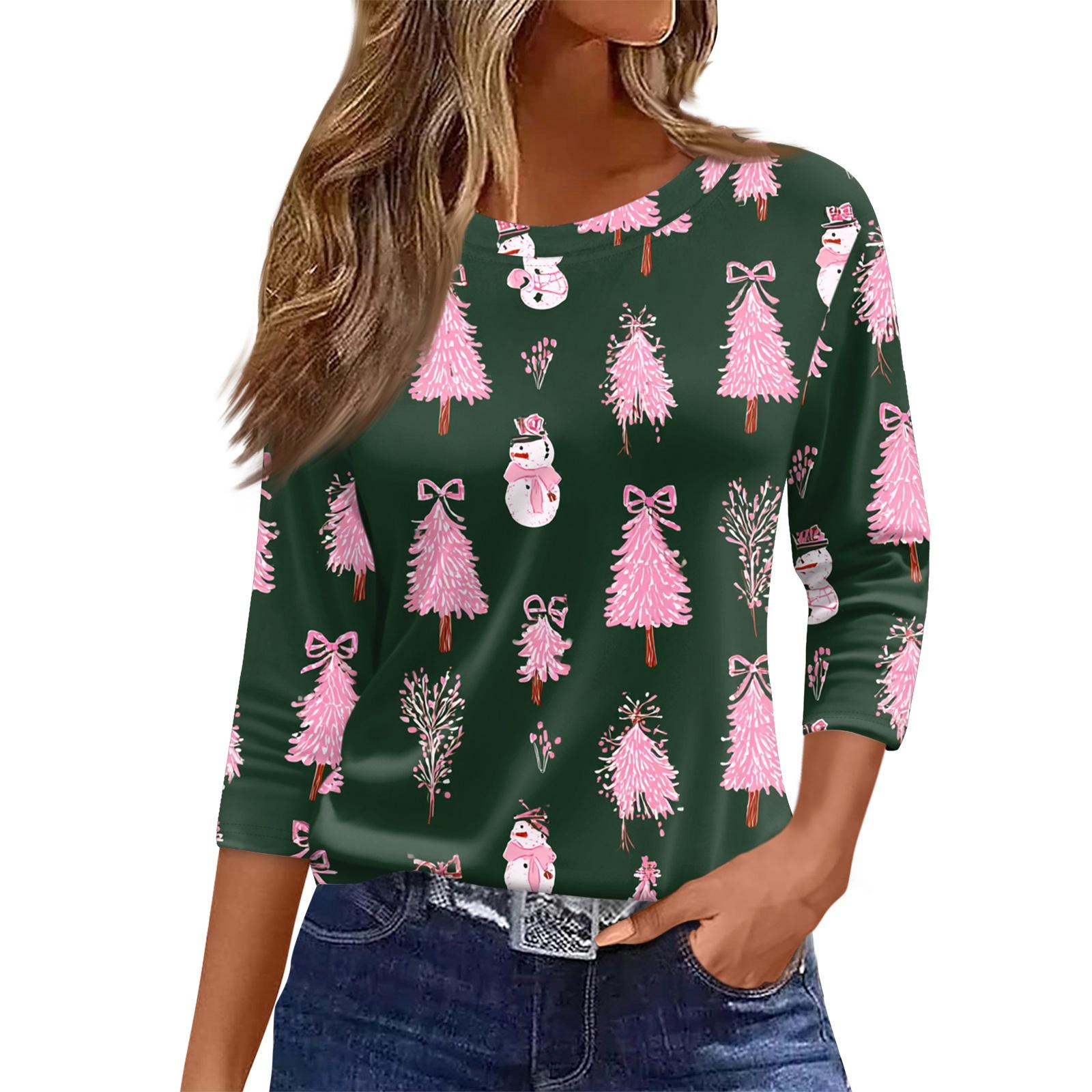 

Женский топ с круглым вырезом и рукавом 3/4 с рождественским принтом L армия зеленый