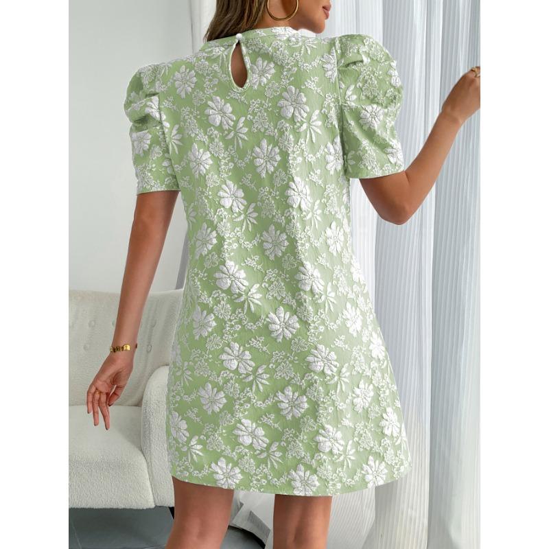 Summer Puff Short Sleeve Textured Jacquard Fashion Dress New Women Crew Neck Retro Elegant A-line Party Short Dress Female Slim Fit Loose Streetwear