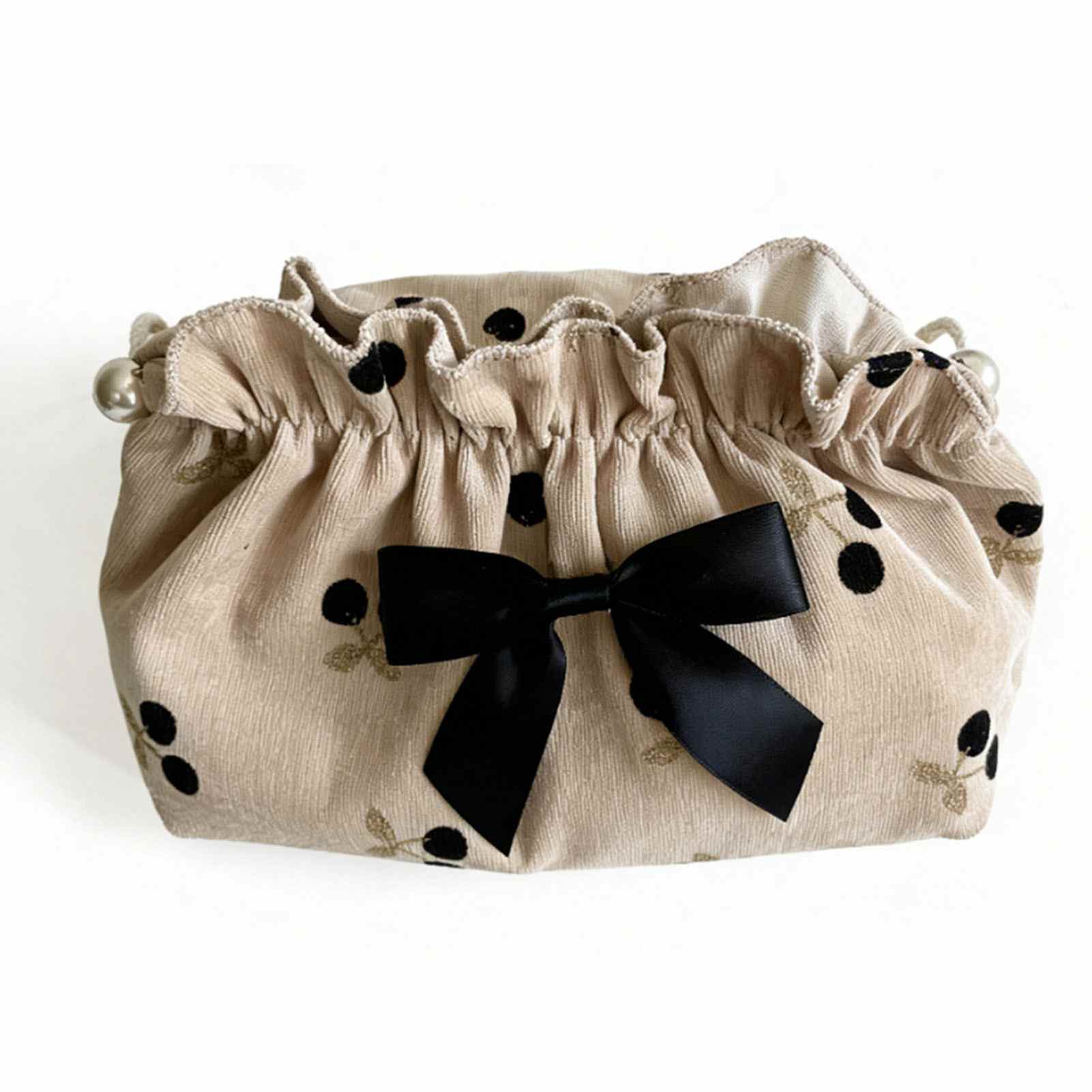 

Small Makeup Bag Corduroy Cute Portable Cosmetic Pouch with Black Bow Zip Closure for Women Travel Trip Black Small