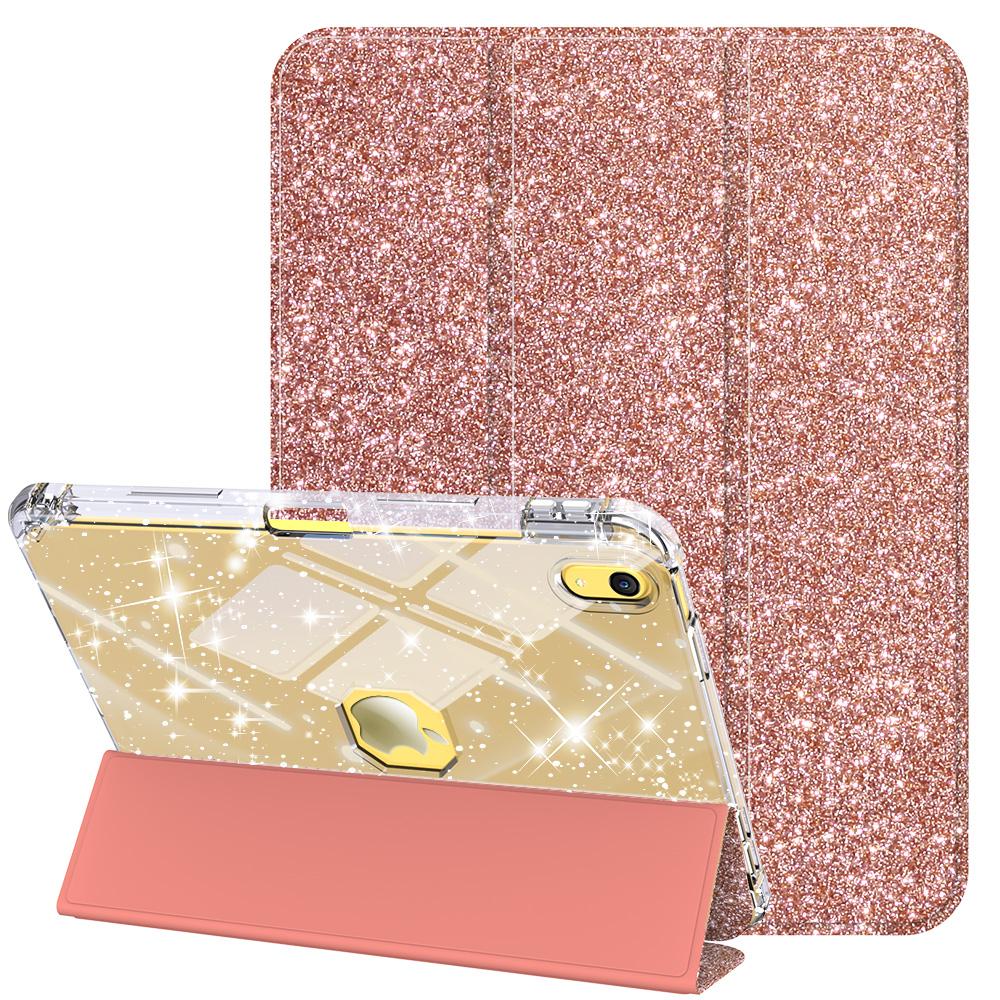 

For iPad (2025)/iPad 10.9 (2022) Case with Pencil Slot Tri-Fold Stand Glitter Protective Tablet Cover Support Auto Wake/Sleep Rose Gold