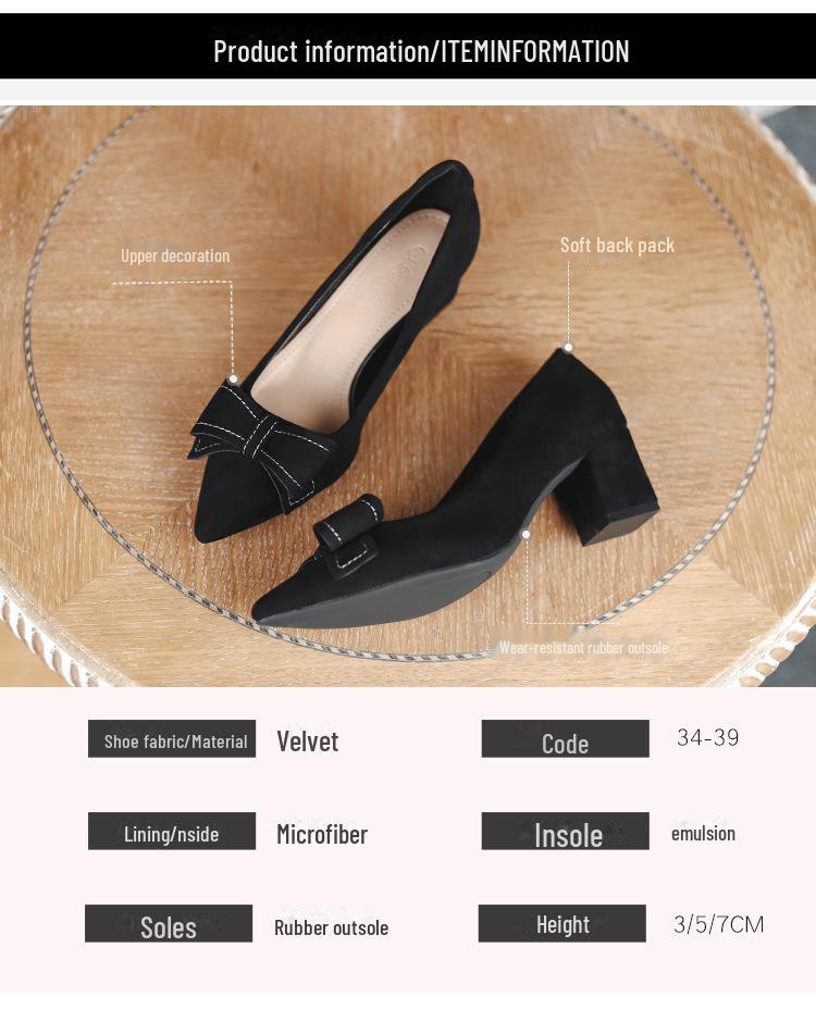 Women's French-Style Suede High Heels: Spring/Autumn 2024, Black, All-Match, Thick Heel, Shallow Mouth