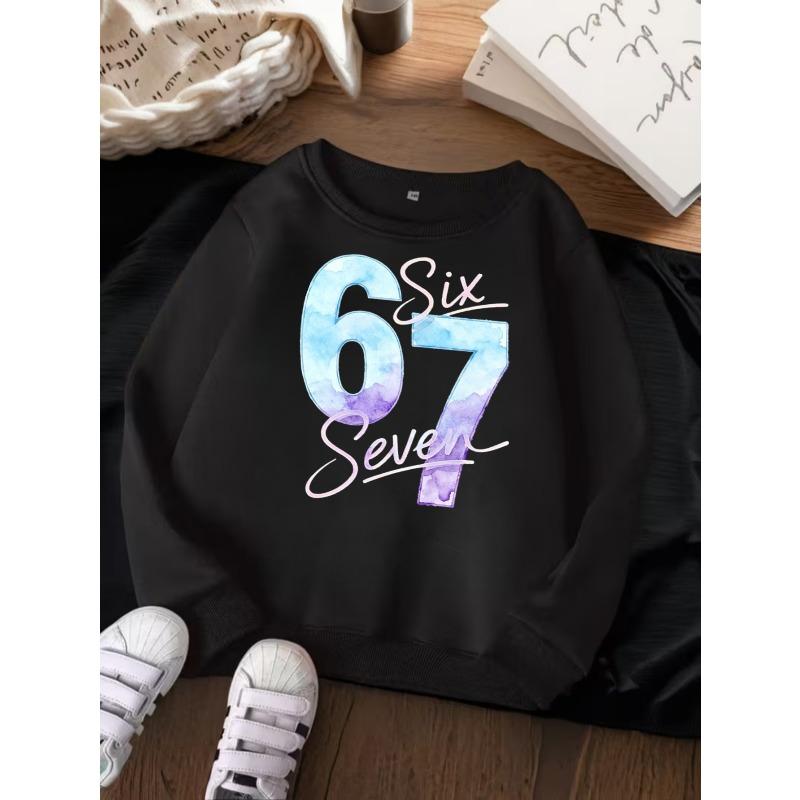 Unisex Kids Crewneck Sweatshirt For Over 4 Years Old Boys Girls Watercolor Gradient Number 67 Six Seven Script Print Soft Pullover For 4-12 Kids