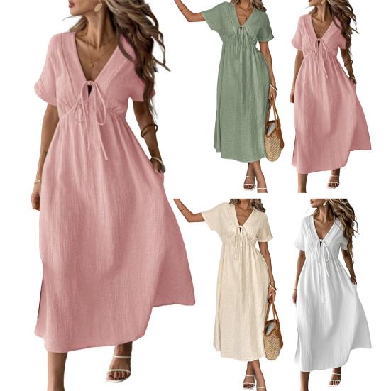 Women Dress V-neck Lace-up Short Sleeve High Waist Midi Dress Solid Color Flowy Hem Casual Dress Daily Wear