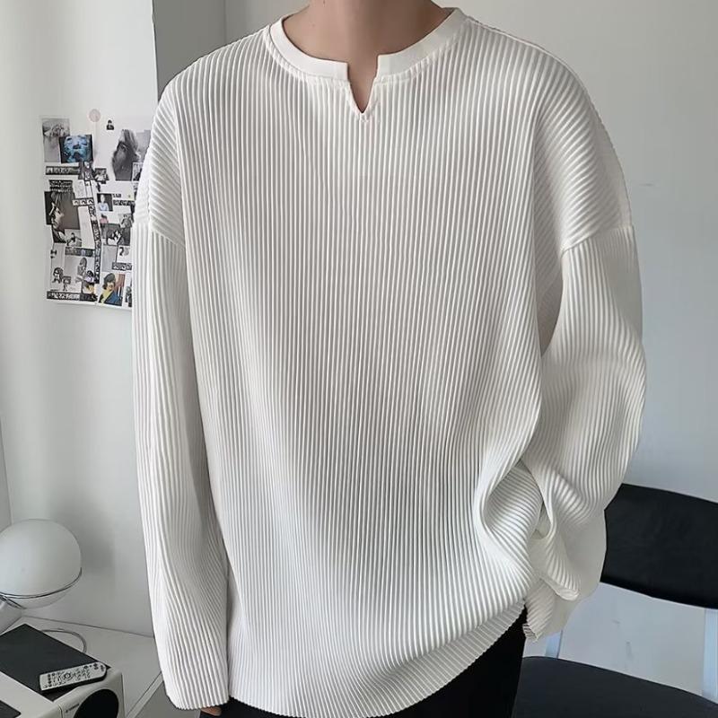 Men's Trendy Pleated Long Sleeve White V-Neck T-Shirt