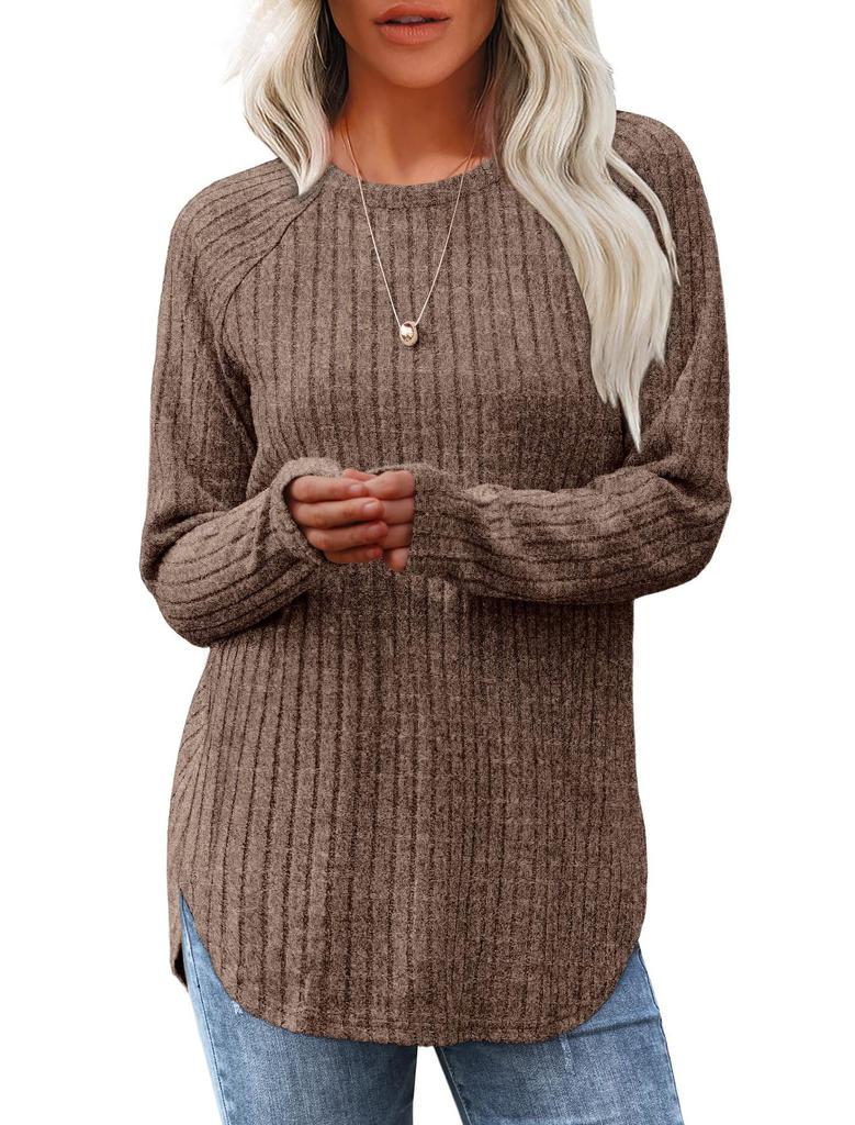 Women Ribbed Knit Long Sleeve Top Crew Neck Curved Hem Casual Fall Blouse