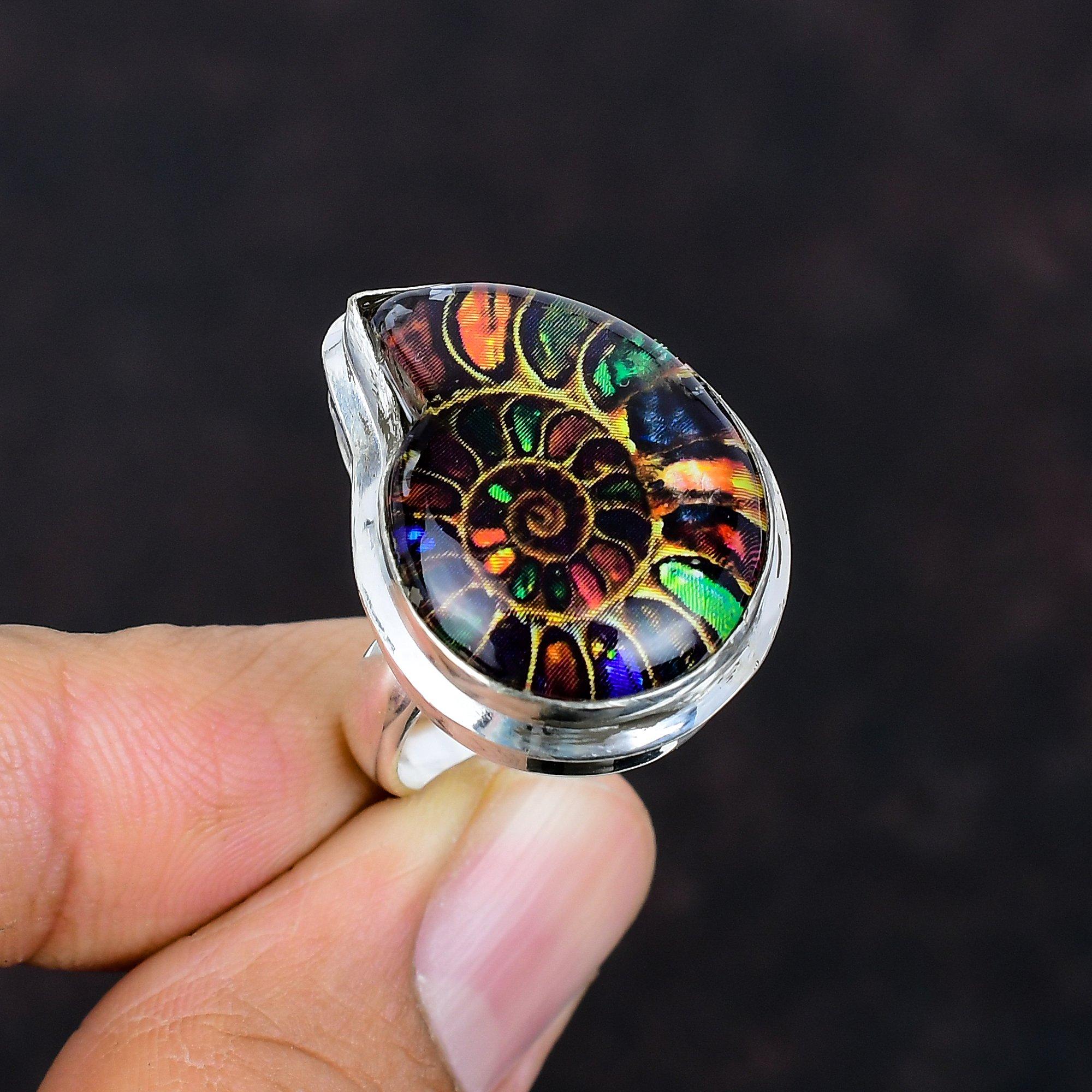 

Кольцо с окаменелым аммонитом нескольких оттенков, кольцо с драгоценным камнем ручной работы, старинное ювелирное изделие, кольцо из стерлингового серебра 925 пробы, красивое регулируемое кольцо, подарки на годовщину Adjustable