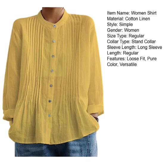 Women Shirt Pure Color Stand Collar Long Sleeve Single-Breasted Button Casual Tops Work