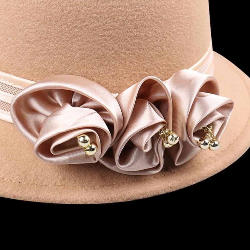 Vintage Silky Flower Hat Winter Warm Dome Hat Women Wool Cloche Hat Headwear