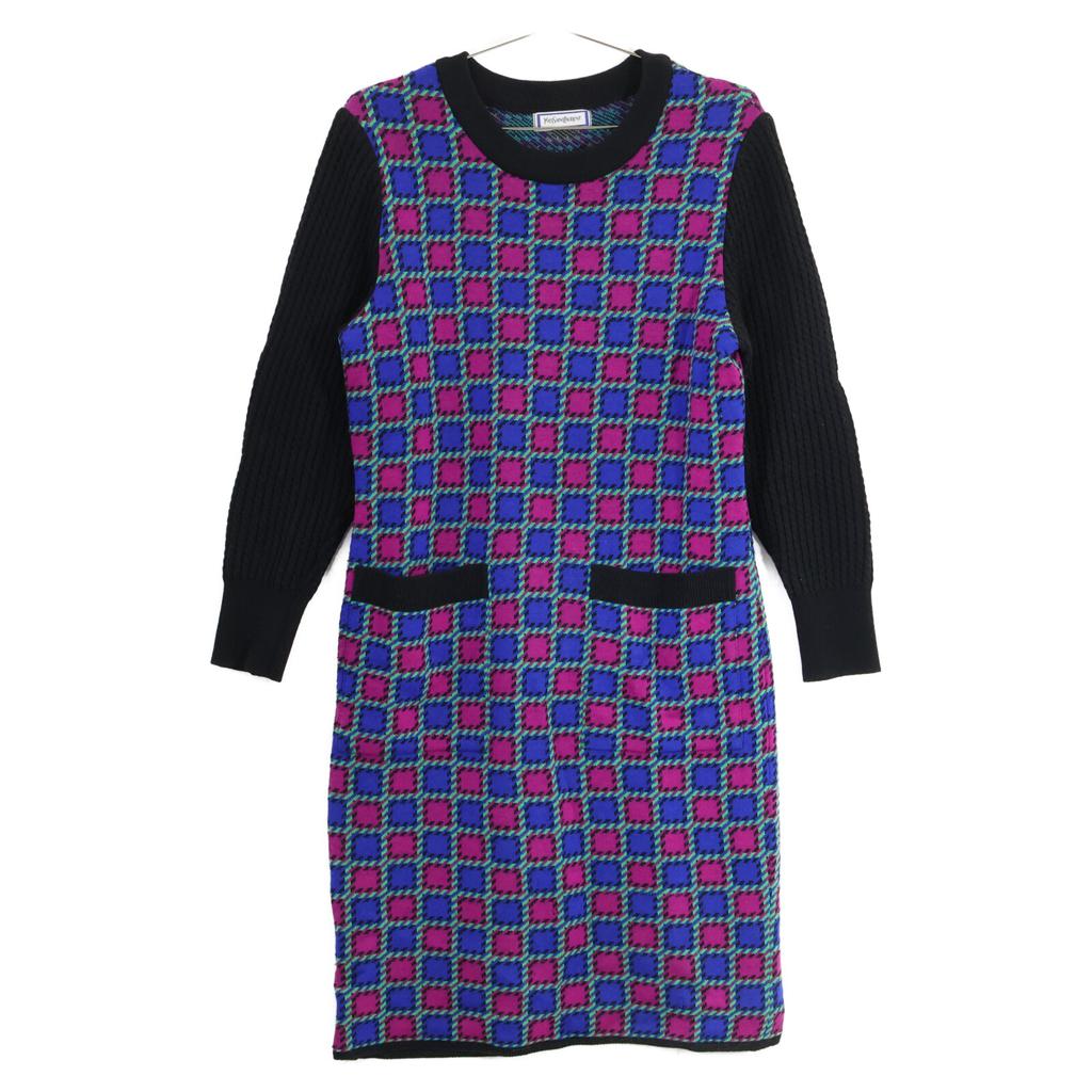 Yves Saint-Laurent Check Knit Dress M Black X Purple X BlueUsed