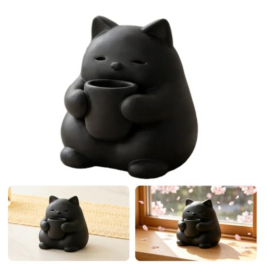 Mini Cute Cat Figurine 3D Printed Drinking Tea Cat Statue Small Desktop Ornament for Living Room Bedroom Office Shelf Decor