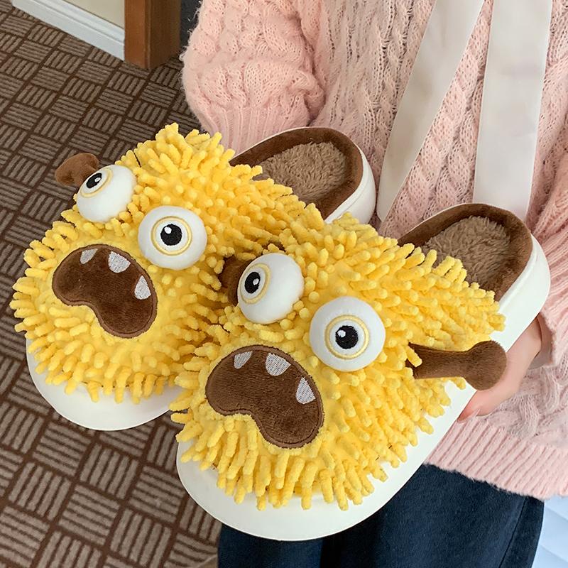 Fashion Cartoon Monster Fluffy Slippers for Women Winter Thick Sole Warm Cotton Slippers Woman Funny Indoor Anti-Slip Home Slides Shoes