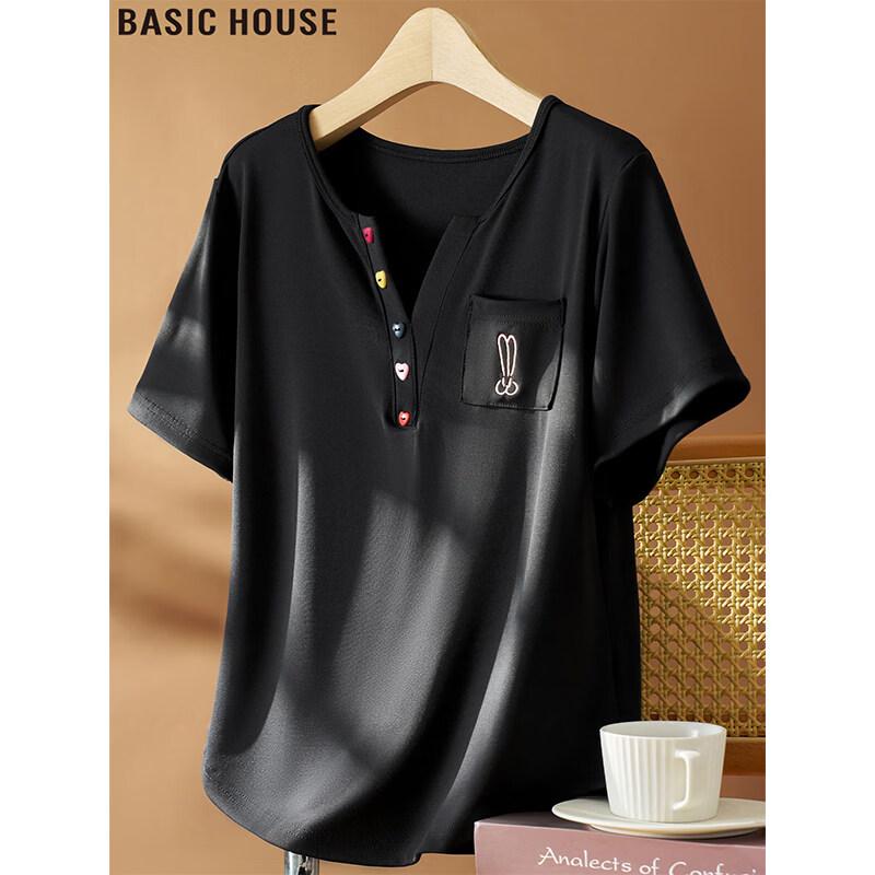 Basic House Women s Embroidered V-Neck Short Sleeve T-shirt XL