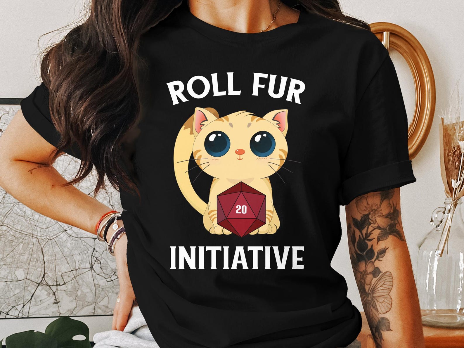 Cute Cat Roll Fur Initiative D20 Dice T-Shirt, Dungeons Tabletop Gaming Tee, RPG Gamer Shirt, Roleplaying Cat Design L