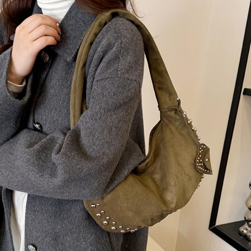Casual Y2K Suede Shoulder Bags for Women Rivet Design Cool Girls Crossbody Bag Purse Versatile Female Underarm Hobos Handbags