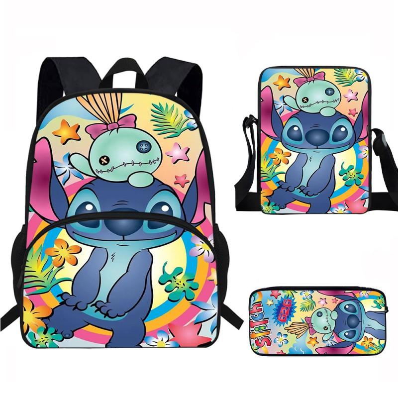 Stitch Kids School Backpack Set Elementary Students Oxford Fabric Ergonomic Design Printed Cartoon 3-Piece Bundle