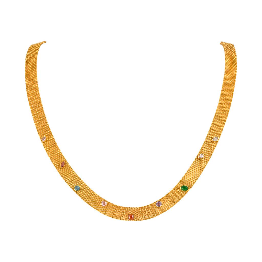 Wide-Faced Stainless Steel Mesh Chain Colored Zircon Gold Necklace Ladies 2381