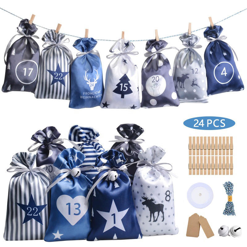 Christmas Fillable Advent Calendar Bags Set Portable Holiday Drawstring Gift Bags for DIY Christmas Decorations