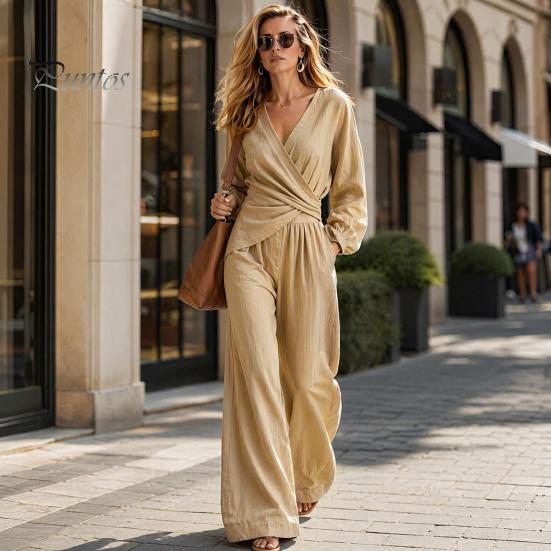 Casual Women Outfit Women's Long Sleeve 2 Piece Sets, Irregular Hem V Neck Top Comfortable And Wide Leg Pants Matching Travel Vacation Outfits