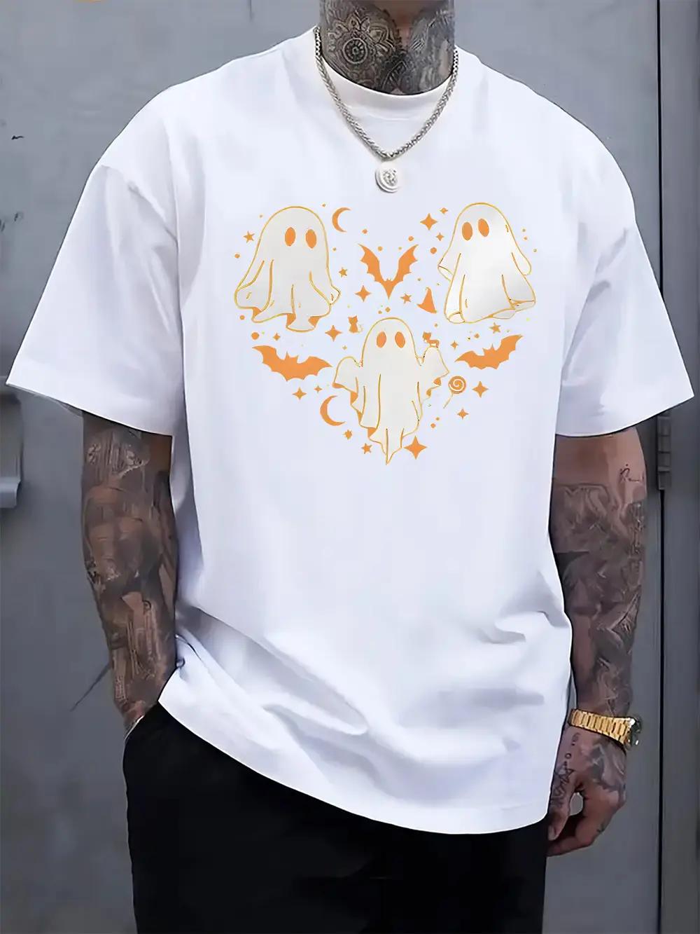 Halloween Print Crew Neck T-shirt - Black Casual Short Sleeve Tee with Playful & Bat Design XL