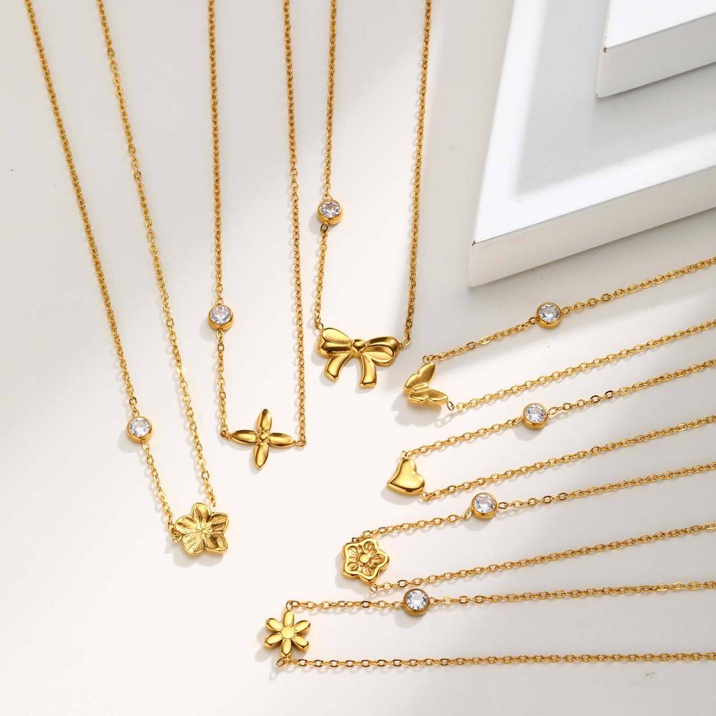 Vnox Women's Exquisite Butterfly Necklace With Single,Zircon Stainless Steel Flower Heart Pendant,18k Gold Plated Neck Jewelry
