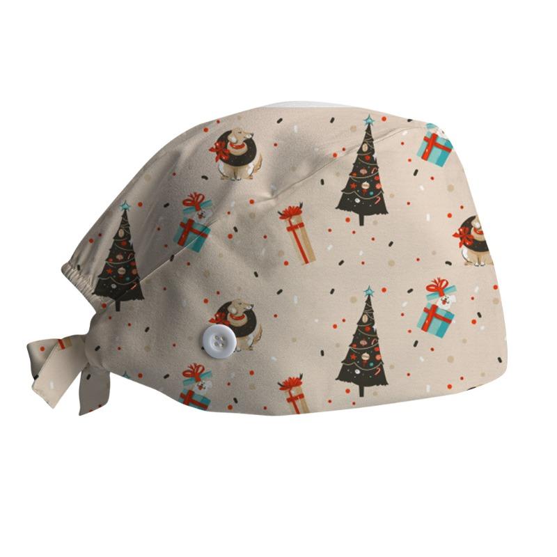 Surgical Cap with Adjustable Printed Christmas Theme Hat, Sweat Wicking Strip, Dust-proof Cloth Bag Head Cap, Doctor's Oral Cap, Nurse's Cap