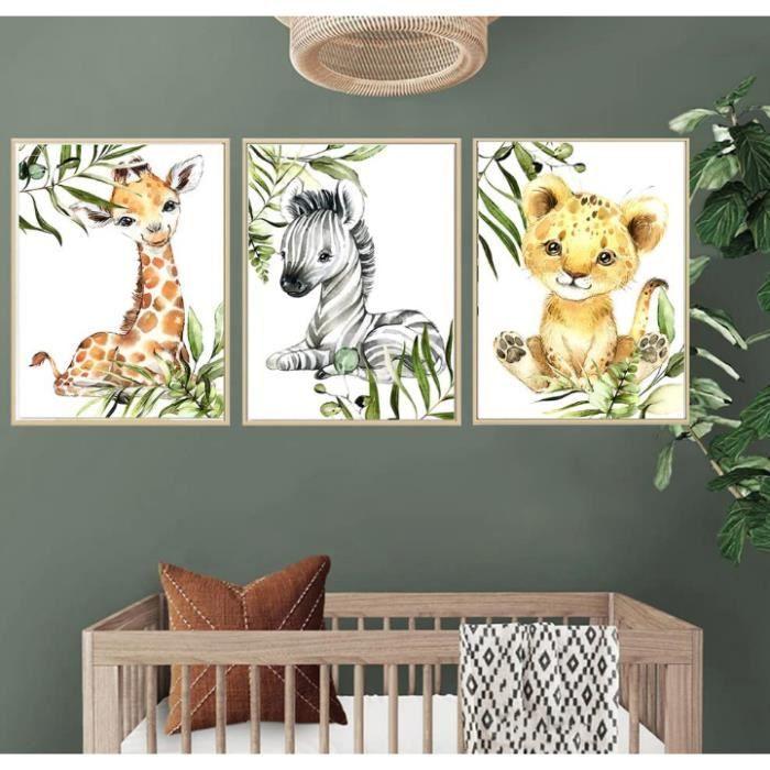 Lot de 3 Affiche Animaux Safari Poster Jungle Girafe Zebre Lion Tableau Murale 30x40 Enfant Bebe Chambre Toile Decoration sans Cadre