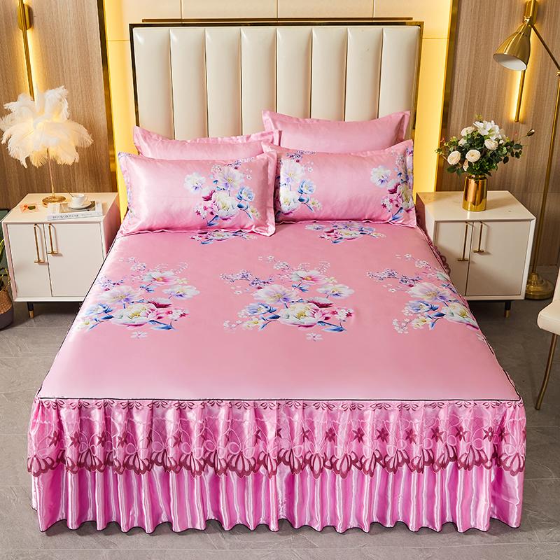 Pink Flowers Lace Bed Skirt Set Summer Ice Silk Smooth Comfortable Bedspread with Pillowcases Luxury Queen King Size Bedding Set