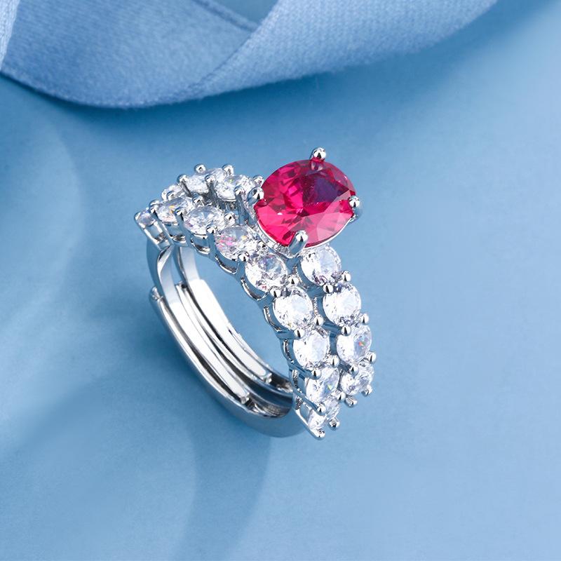 High Carbon Diamond Ruby Two Ring Women's Wide Edition Winged Diamond Pigeon Red Corundum Diamond Ring