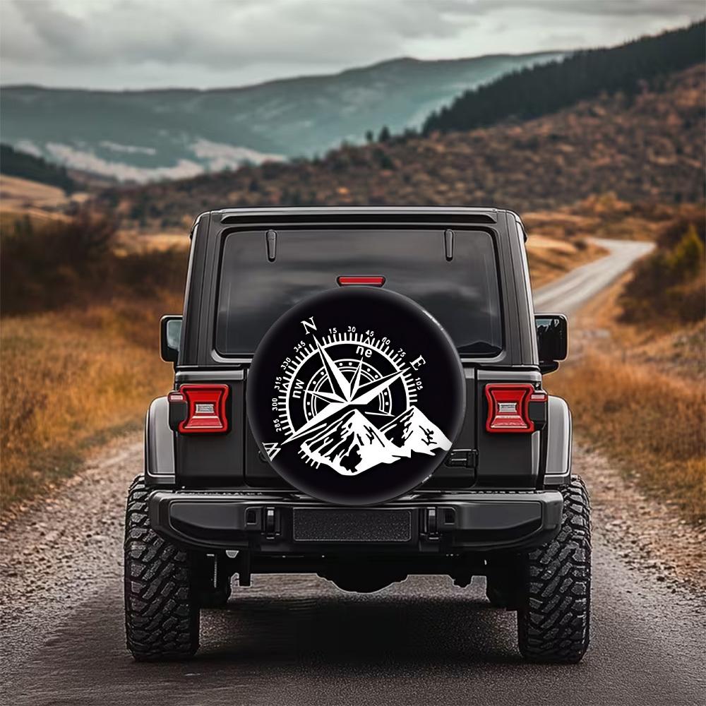 1pc 2D Flat Compass and Mountain Pattern Tire Cover, Stylish Universal Wheel Protector, Spare Tire Protection, with Adventure-Style Elements, Perfect