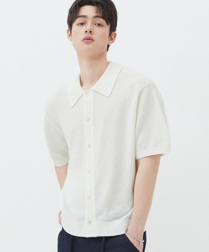 TRILLION Washable Boucle Collar Short Sleeve Knit (Cream White)