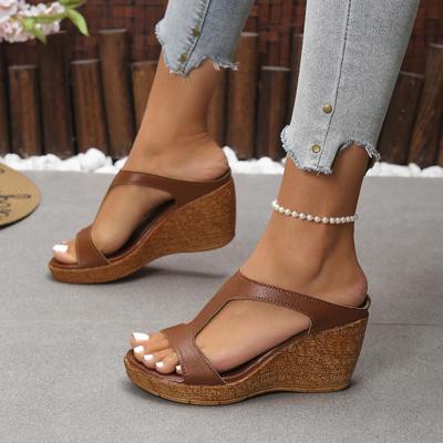 Mode Retro Braun Pu Schmalband Pantoletten Damen 2025 Sommer Mode Runde Zehen Keilabsatz Hausschuhe Elegant Weiche Sohle Schuhe Übergröße 43