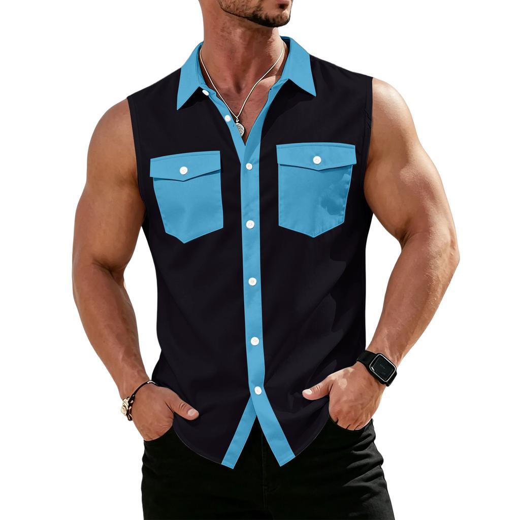 Men's Workwear Lapel Button-Down Vest Shirt - Lightweight Sleeveless Top