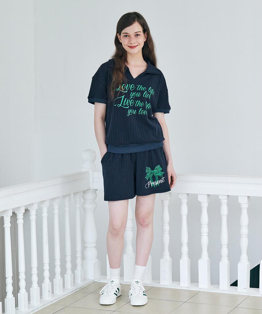 Metapeo Met Summer Knit Ribbon Print Short Sleeve Shorts Set