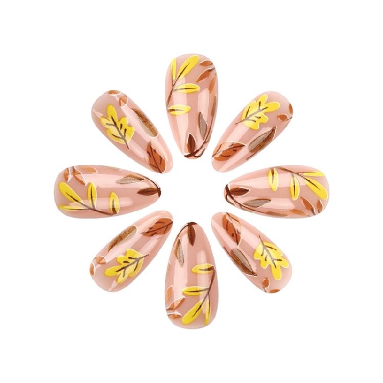 24Pcs Maple Leaf Desings Halloween Stick on Nail Thanksgiving Gift Almond False Nails for a Festive Autumn Nail Makeover