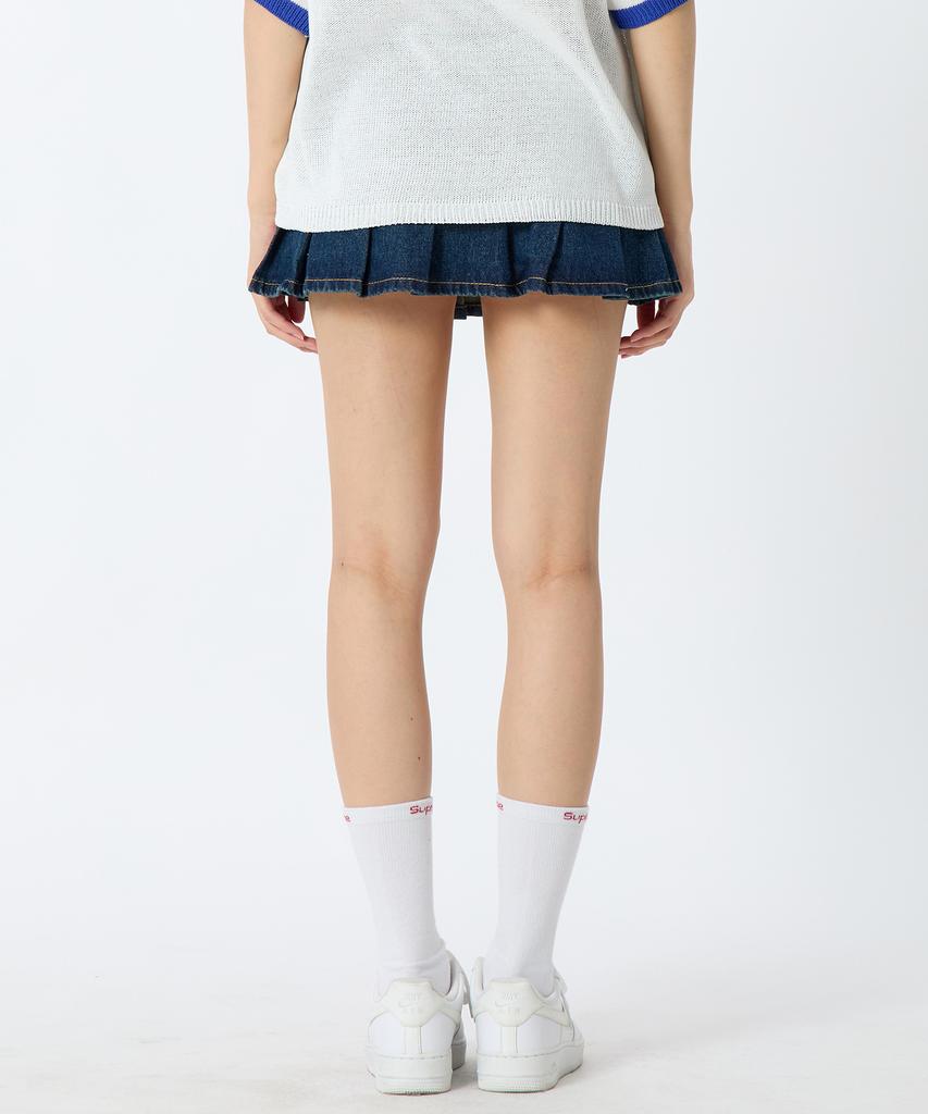 ANDTHEOTHER Pleated Denim Mini Skirt Blue
