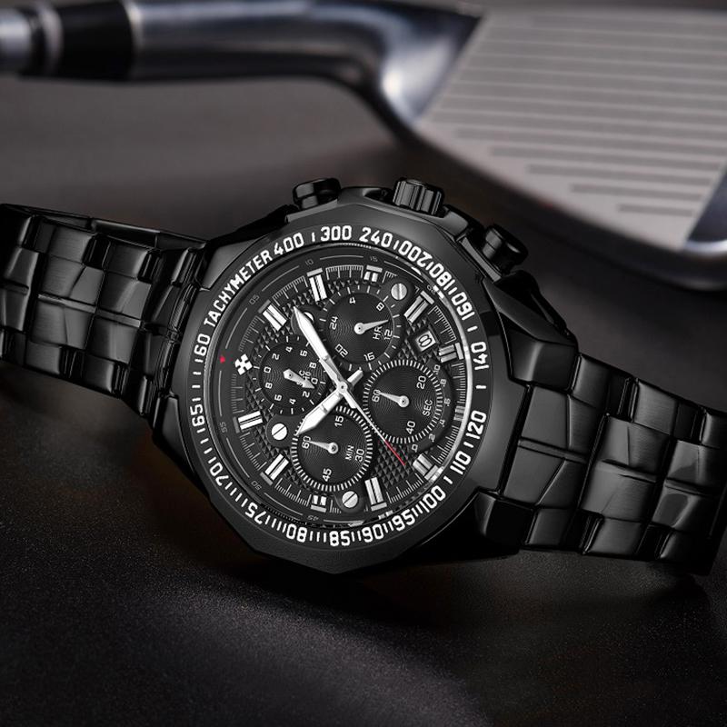 Top Brand Luxury Sport Watch For Men Quartz Chronograph Date Luminous Full Steel Wrist Watch