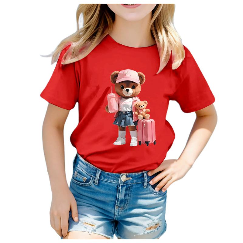 Teddy Bear Print Roundneck Shortsleeved Girls Tshirt Polyester Fabric Kids Summer Clothes Bestselling Bestseller Suitcase