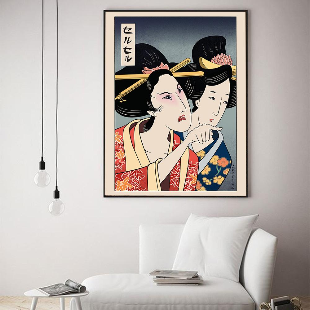 Funny Cute Canvas Painting Japanese Geisha Woman Yelling At Cat Posters and Prints Wall Art Pictures for Living Room Bedroom No Frame