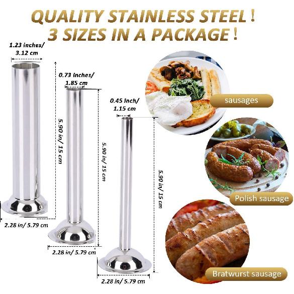 Sausage Stuffer Tubes - 3 Pieces Stainless Steel Grinder Stuffer Tubes for Size 5 Meat Grinder Food Grinder - 3 Diffferent Sizes