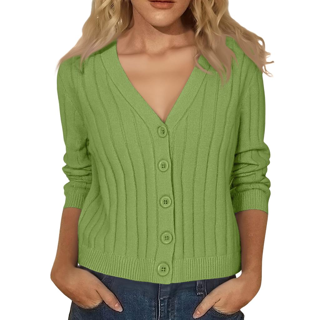 Women's Fashion Long-Sleeve V-Neck Lightweight Knit Sweater Solid Color Outerwear Top