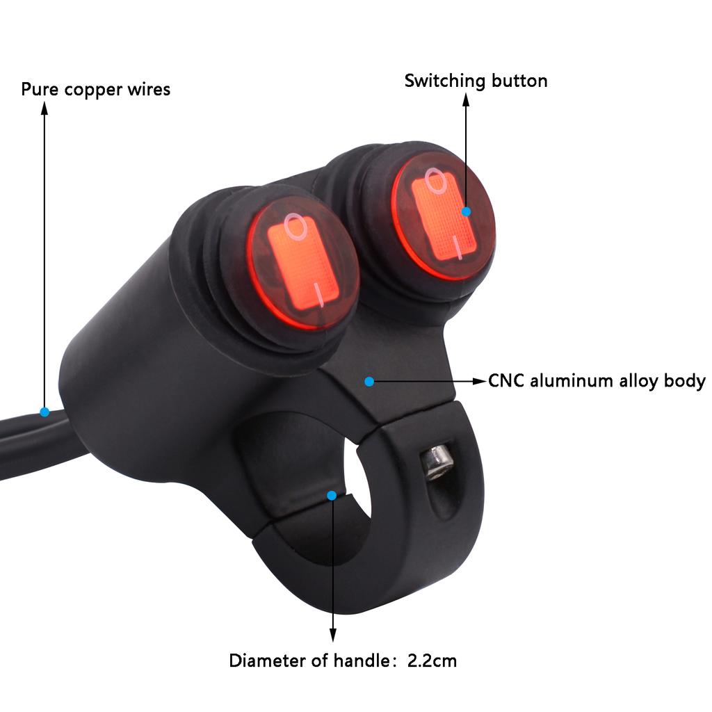 Motocyklové světlomety na řídítka, dvojitý blikající spínač pro 7/8'' 22mm řídítka, upravené vodotěsné s kontrolkou, hliníková slitina