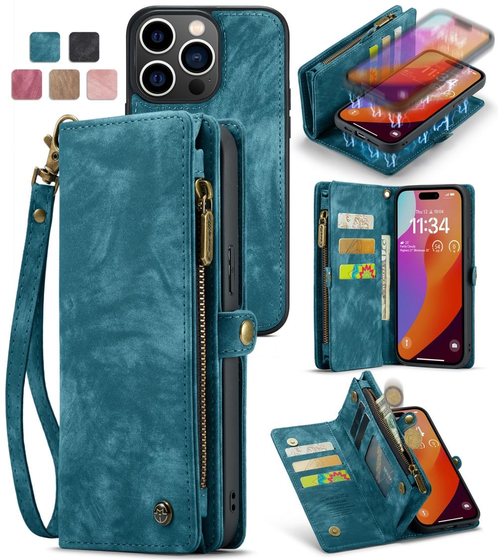 

Чехол для iPhone из кожи с большими скрытыми отделениями для карт и противоударной защитой, дизайн 2-в-1, застежка-молния