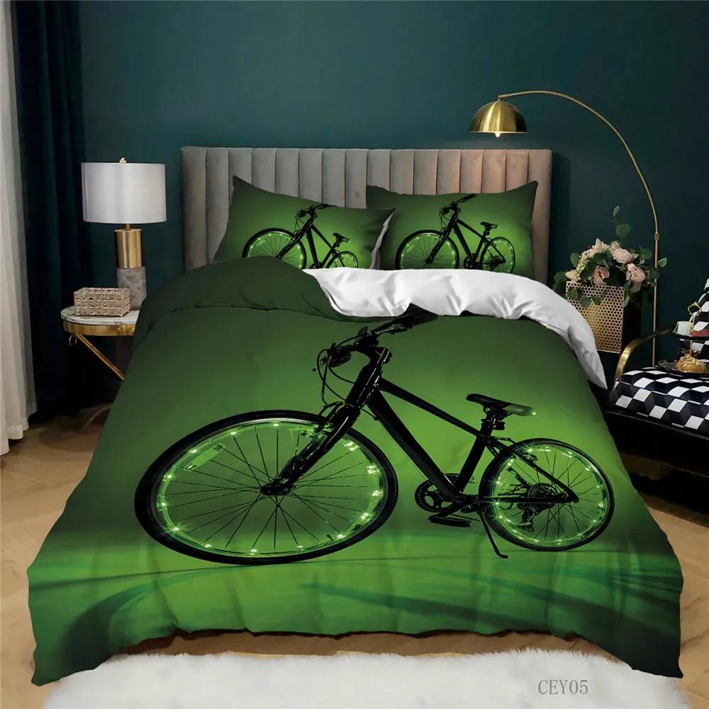 Print Orange Bike Bedding Set Adults Kids Winter Duvet Cover With Pillowcases Luminous Bicycle Pattern Bedroom Comforter Cover