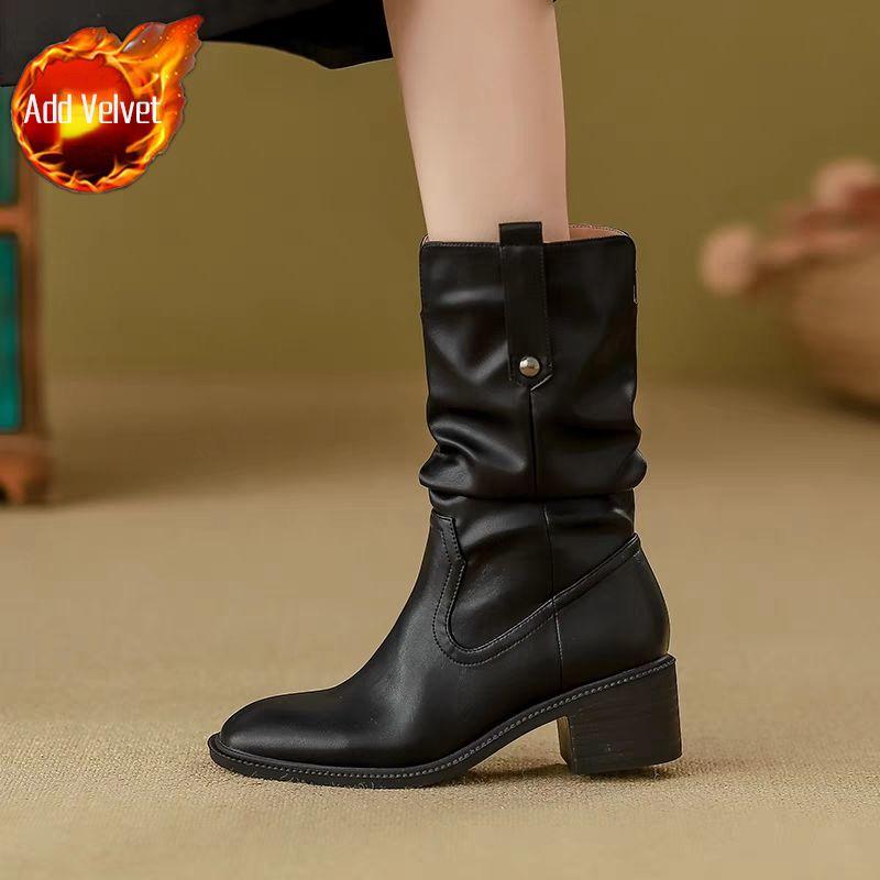 Round Toe Leather Ladies Mid Calf Shoes Fleece-Lined Middle Heel Women's Half High Boots New in Fashion 2025 Waterproof Y2k Boot